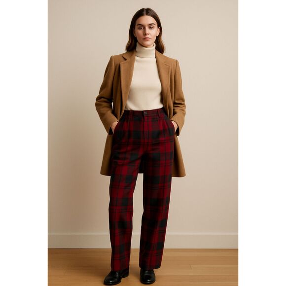 Vintage Bill Blass Wool Tartan Plaid High Waist Trousers Pants Red Green Size 10 - Picture 5 of 16